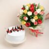 Beautiful bouquet of fresh roses with a delicious cake, ideal for anniversaries, birthdays, and romantic occasions.