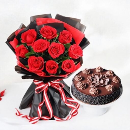 Truffle Love & Red Petals Duo – Decadent chocolate truffle cake with a gorgeous bouquet of red roses, the ultimate romantic gift.