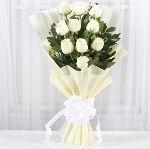 White Rosy Romance Bouquet with fresh white roses, a perfect floral gift for weddings, anniversaries, and heartfelt gestures.