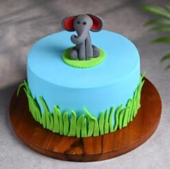 Baby Elephant Fondant Cake with charming elephant topper, pastel colors, and smooth fondant finish, ideal for baby showers and birthdays.