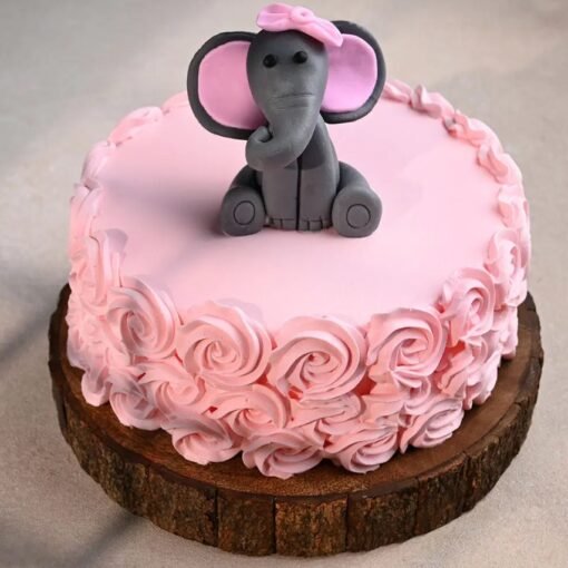 Beautiful Baby Elephant Rose Cake with pastel hues, intricate floral designs, and a cute fondant elephant topper, ideal for special occasions.