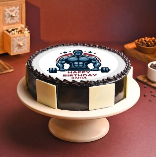 Bodybuilder Birthday Cake with gym-themed fondant decorations, including dumbbells, weights, and a muscular design for fitness lovers.