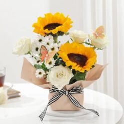 Glowy Sunflower and Roses – a stunning floral arrangement featuring golden sunflowers and lush roses, ideal for celebrations and gifting.