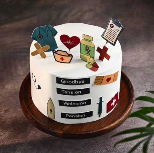 Retirement celebration cake with a joyful theme, perfect for bidding farewell to work stress and embracing a relaxed future.