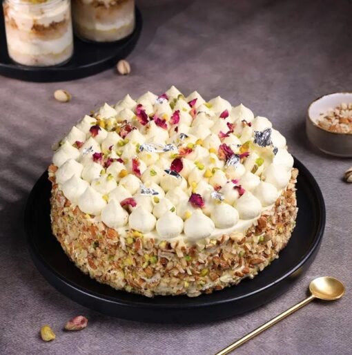 Gulkand Thandai Holi Cake with aromatic spices, rose-infused gulkand, and creamy layers, perfect for a colorful festive celebration.