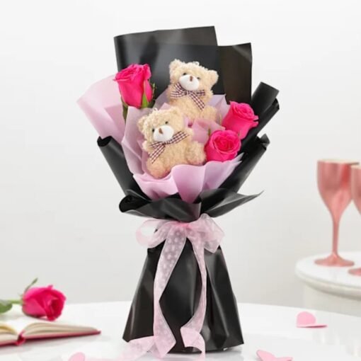 Lovely Rose Teddy Bouquet – an adorable floral arrangement featuring vibrant roses and a cute teddy bear, ideal for special occasions.