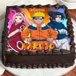 Naruto-themed cake with fondant decorations of Naruto Uzumaki, ninja symbols, and Hidden Leaf Village elements for anime fans.