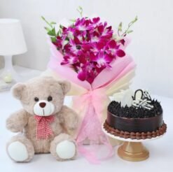 Orchids Teddy Cake Combo – a charming gift set with fresh orchids, a plush teddy bear, and a tasty cake.