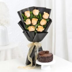 Roses Bouquet with Mini Cake – a charming floral and dessert combo, ideal for birthdays, anniversaries, and special surprises.