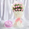 Mother’s Day combo featuring a delicious cake and a bouquet of red and pink roses — a perfect gift for Mom.