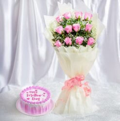 Mother’s Day combo featuring a delicious cake and a bouquet of red and pink roses — a perfect gift for Mom.