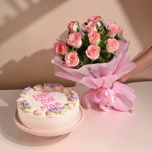 Love You Mother’s Day Combo — a heartwarming gift set featuring a delicious cake and a fresh flower bouquet for Mother's Day.