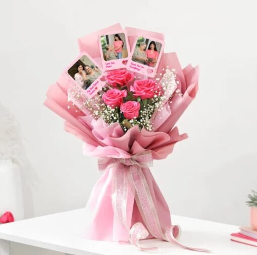 Mom’s Elegant Blossom With Photo Magnets — beautiful flower arrangement paired with personalized photo magnets for a memorable Mother's Day gift.
