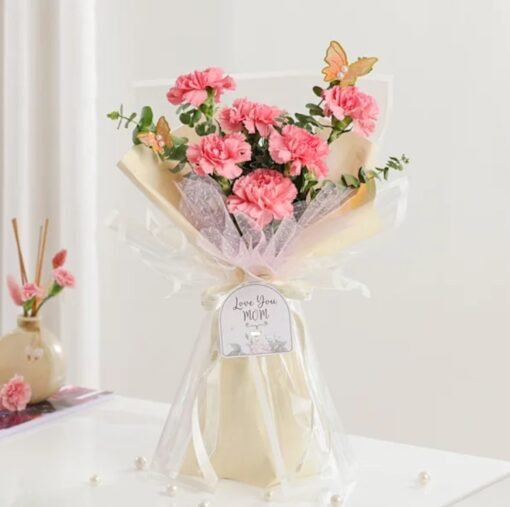 Mother’s Day Carnations Bouquet — elegant bouquet of pink, red, and white carnations, symbolizing love, admiration, and gratitude for Mom.