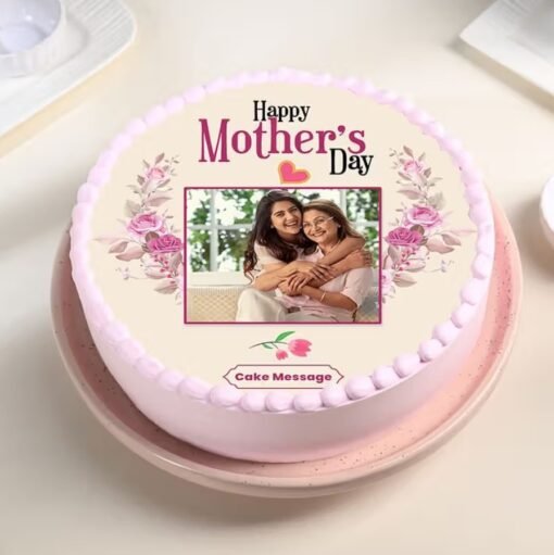 Mother’s Day Photo Cake — beautifully frosted cake with a custom edible photo and decorative floral accents for Mother’s Day celebration.
