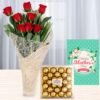 Mother’s Day combo with red roses, assorted chocolates, and a greeting card — a perfect gift set for Mom.