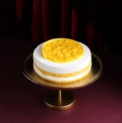 Tropical Velvet Mousse Cake with layers of vibrant mousse and tropical fruit toppings.
